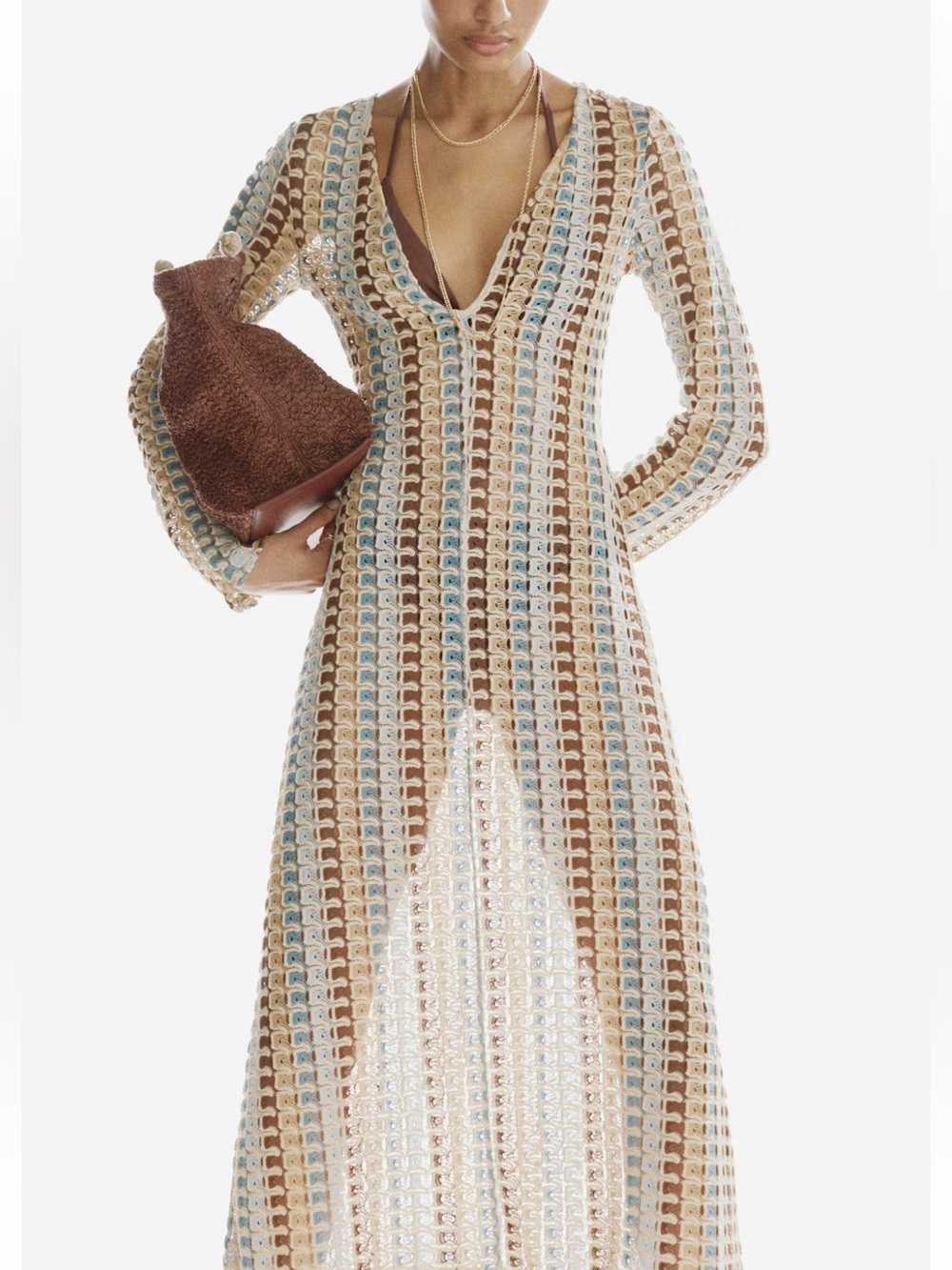 H&M Crochet Look Maxi Cover-Up Dress in Neutral Stripes NWT